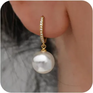 Pearl Earrings for Women, Dainty Gold Hoop Earrings Pearl Earrings for Women Trendy 14k Gold Plated Pearl Drop Earrings Hoops Hypoallergenic Pearl Huggie Earrings Gold Earrings Jewelry Gifts
