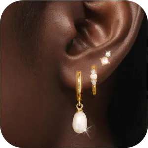 Pearl Earrings for Women, Gold Pearl Drop Hoop Earrings Set, Dainty Gold Pearl Earrings for Women Studs, Pearl Jewelry Gifts for Her, Wedding Earrings