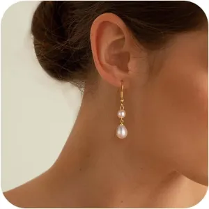 Pearl Earrings for Women Trendy: Flat Back Stud Earrings 14K Gold Plated/925 Sterling Silver Freshwater Pearl Dangle Earrings Cute Bow Earrings Wedding Jewelry Birthday Gifts for Women Girls