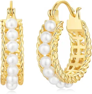 Pearl Hoop Earrings for Women, 18K Gold Plated Small Gold Hoop Earrings, Trendy Hypoallergenic Pearl Huggie Hoops Stud