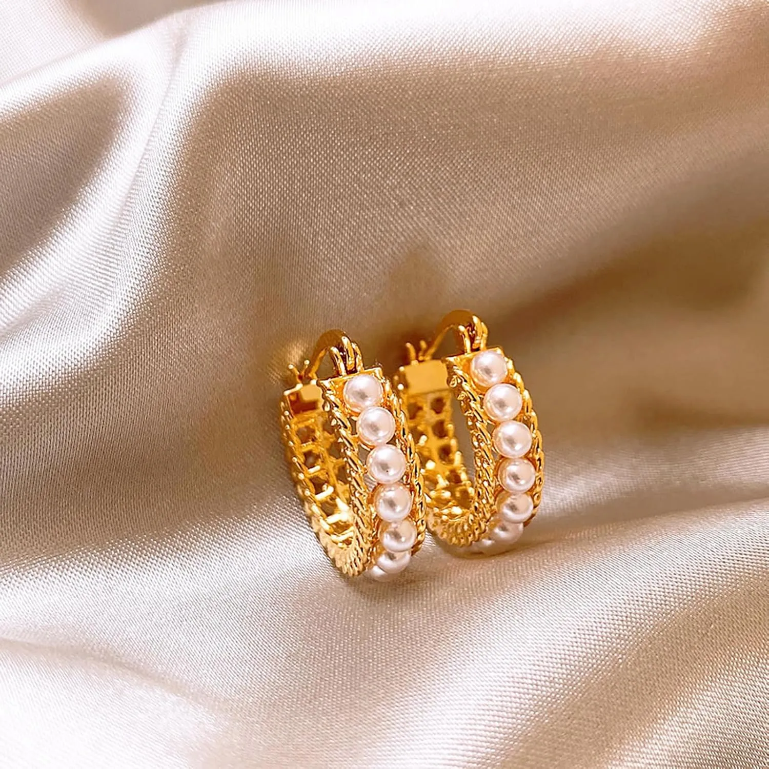 Pearl Hoop Earrings for Women, 18K Gold Plated Small Gold Hoop Earrings, Trendy Hypoallergenic Pearl Huggie Hoops Stud