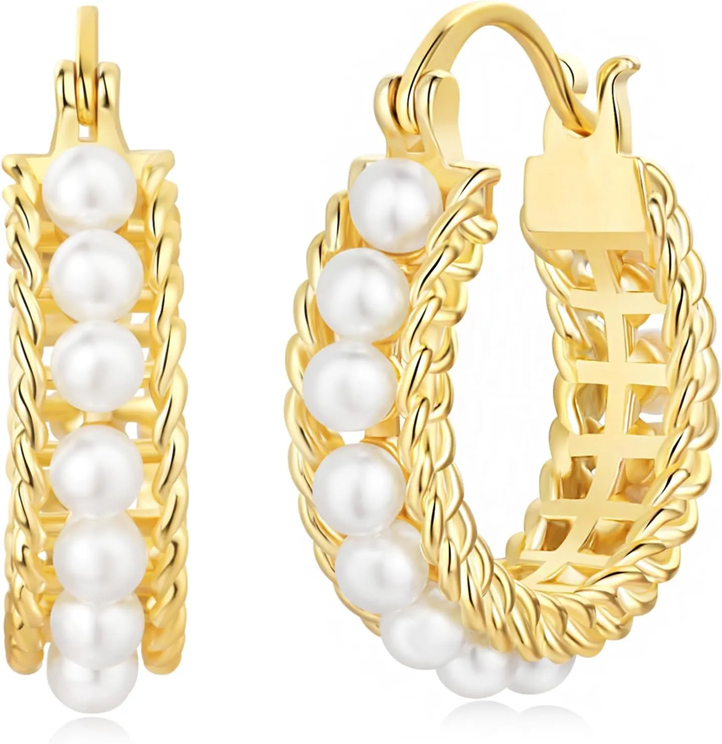 Pearl Hoop Earrings for Women, 18K Gold Plated Small Gold Hoop Earrings, Trendy Hypoallergenic Pearl Huggie Hoops Stud