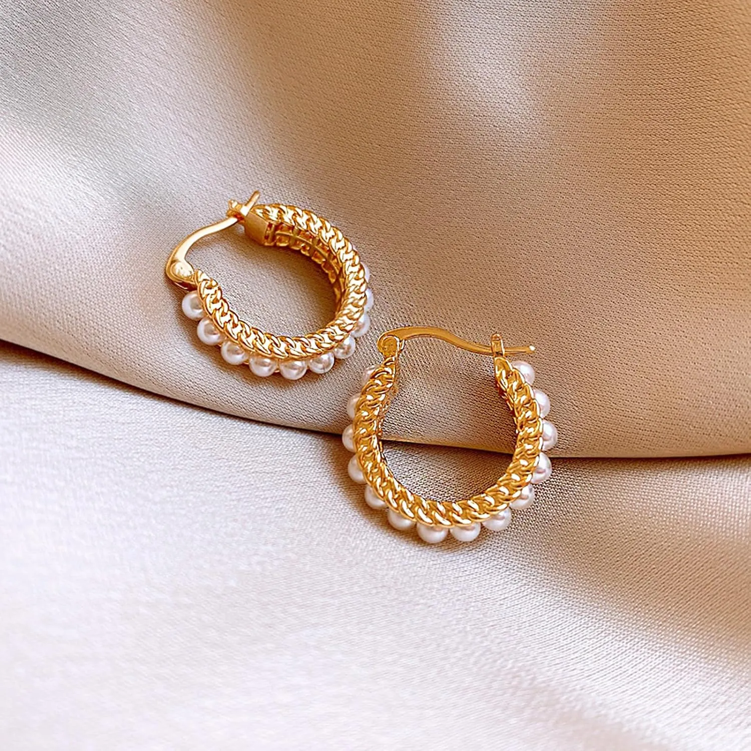 Pearl Hoop Earrings for Women, 18K Gold Plated Small Gold Hoop Earrings, Trendy Hypoallergenic Pearl Huggie Hoops Stud