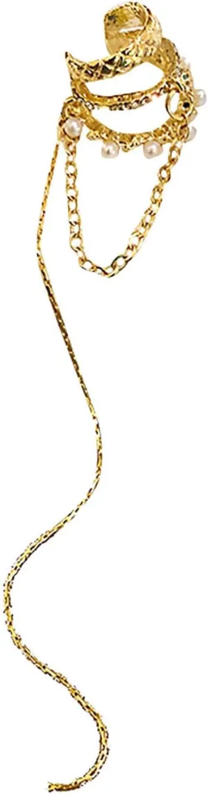 Pearl Tassel Clip-on Earrings Cubic Zirconia Wraps Earrings Dainty Chains Cuffs Earrings for Women (Gold, One Size)
