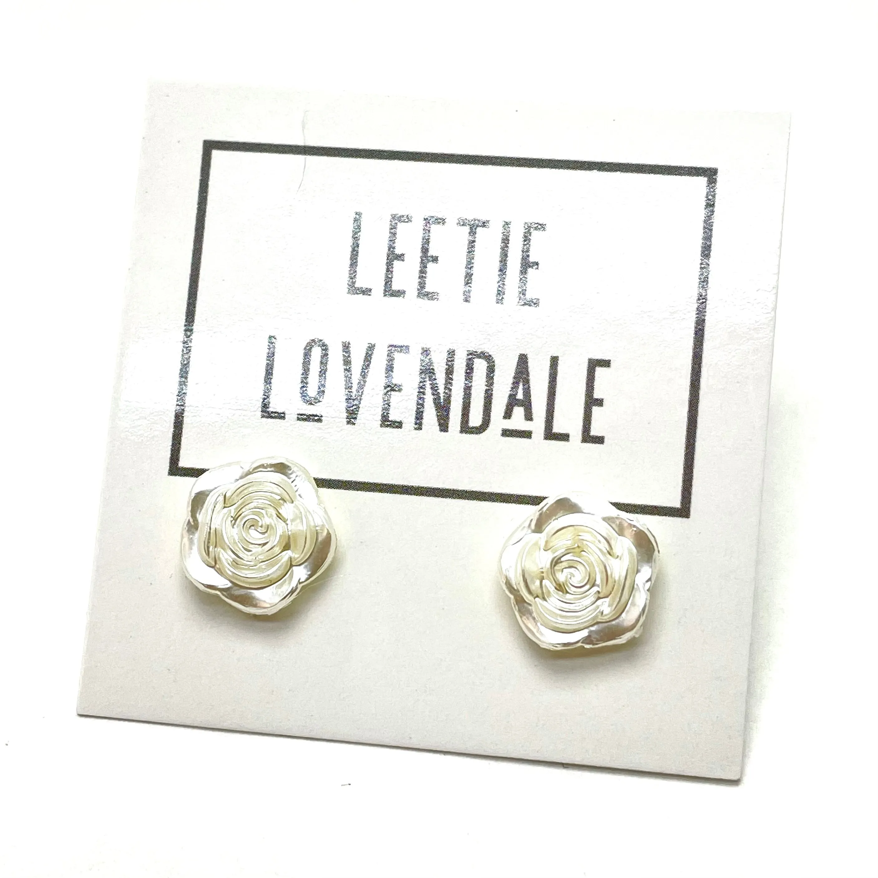 Pearly Ivory Rose Button Stud Earrings
