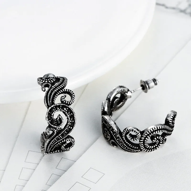 Personalized Women Brand Retro Flower Designer Anqitue Silver Ear Stud Earrings Black CZ