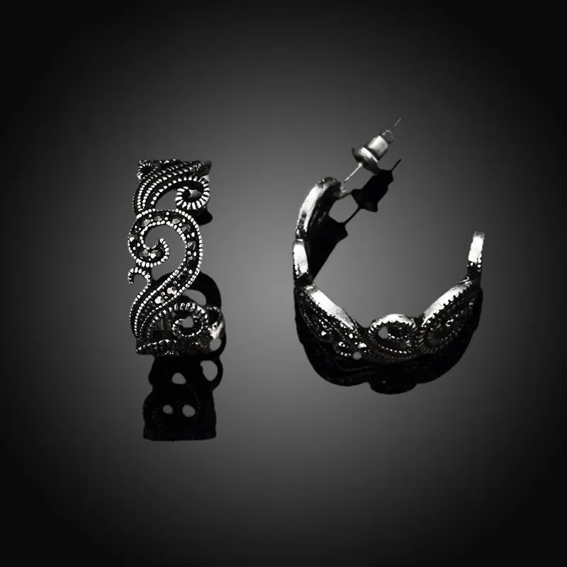 Personalized Women Brand Retro Flower Designer Anqitue Silver Ear Stud Earrings Black CZ