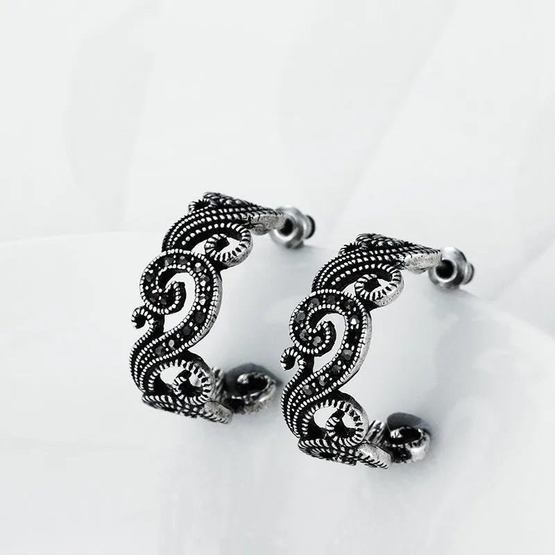 Personalized Women Brand Retro Flower Designer Anqitue Silver Ear Stud Earrings Black CZ