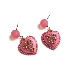 Pink & Gold Nouveau Heart Drop Earrings