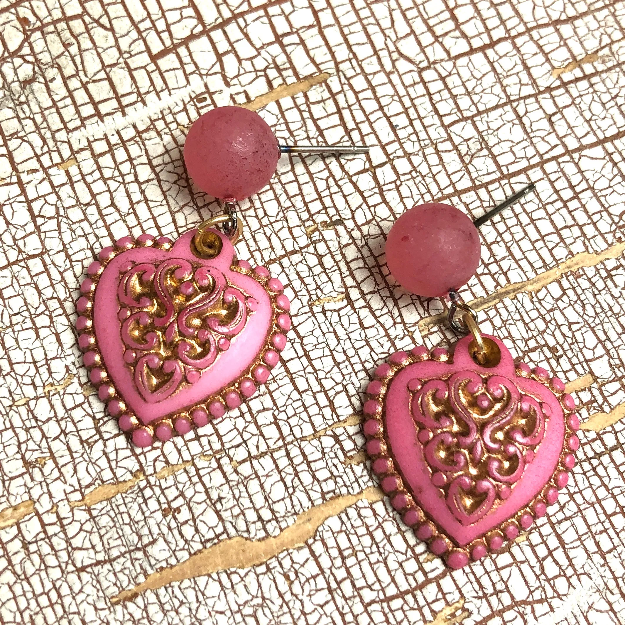 Pink & Gold Nouveau Heart Drop Earrings
