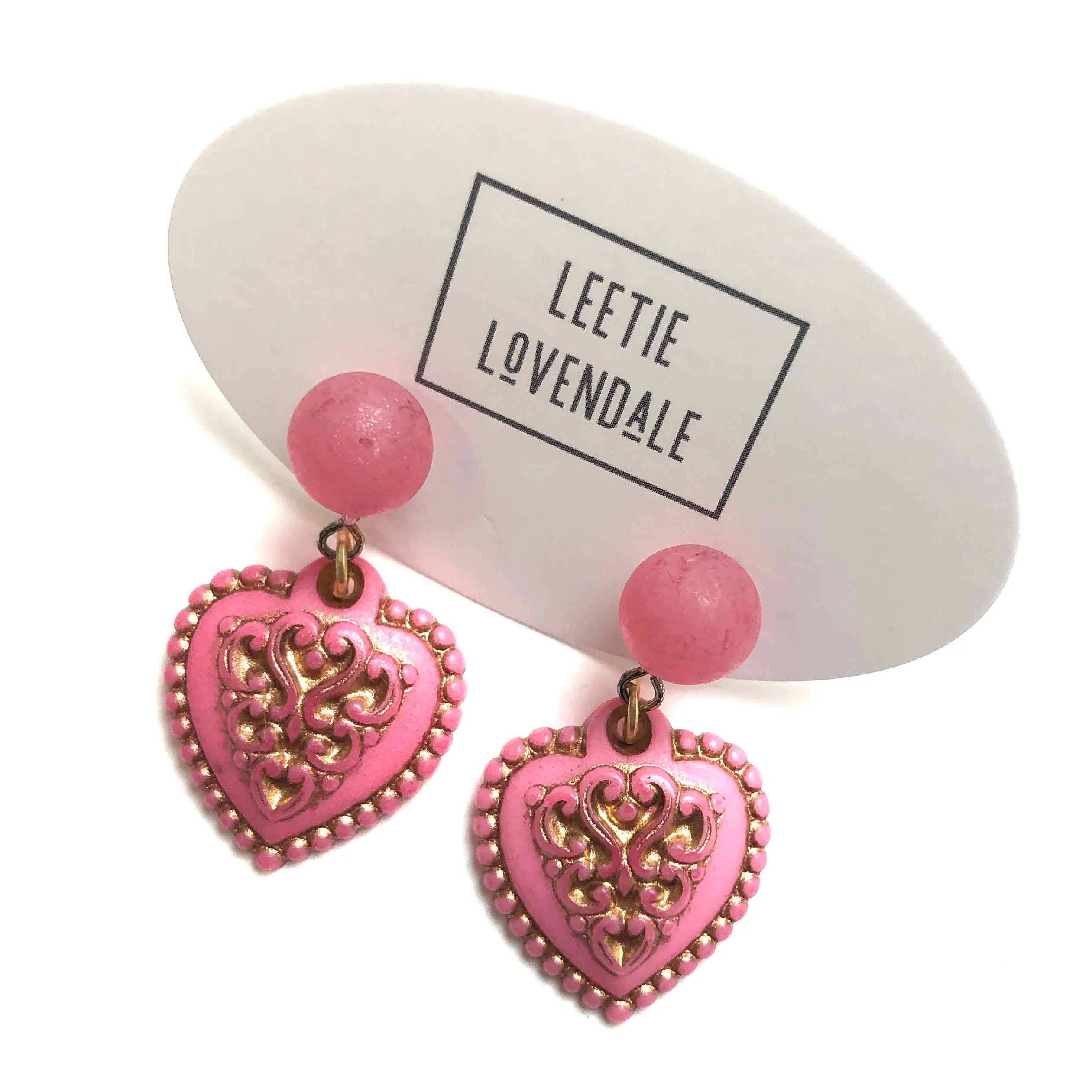 Pink & Gold Nouveau Heart Drop Earrings