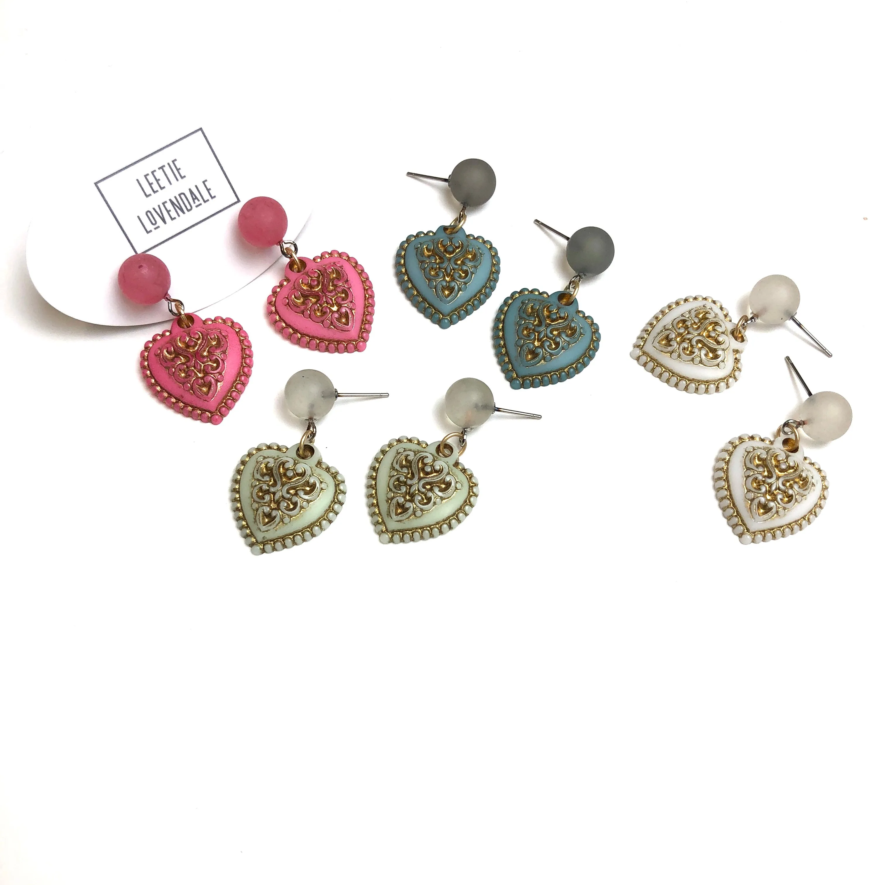 Pink & Gold Nouveau Heart Drop Earrings