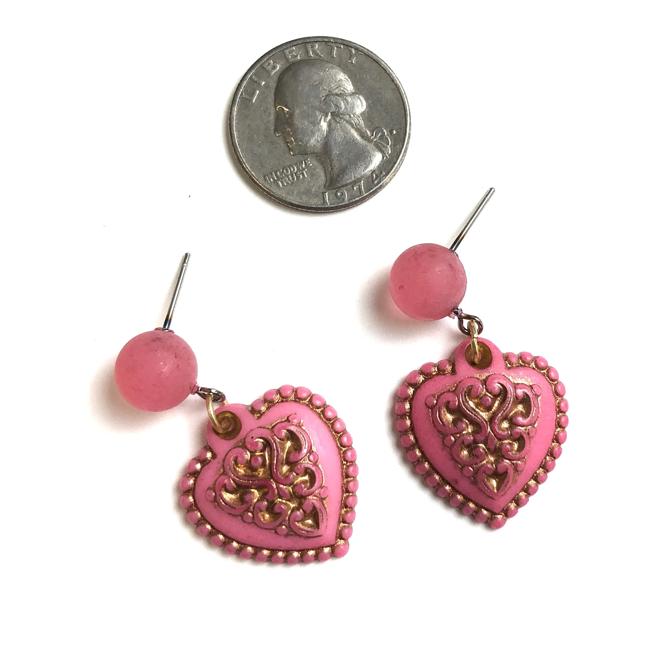 Pink & Gold Nouveau Heart Drop Earrings