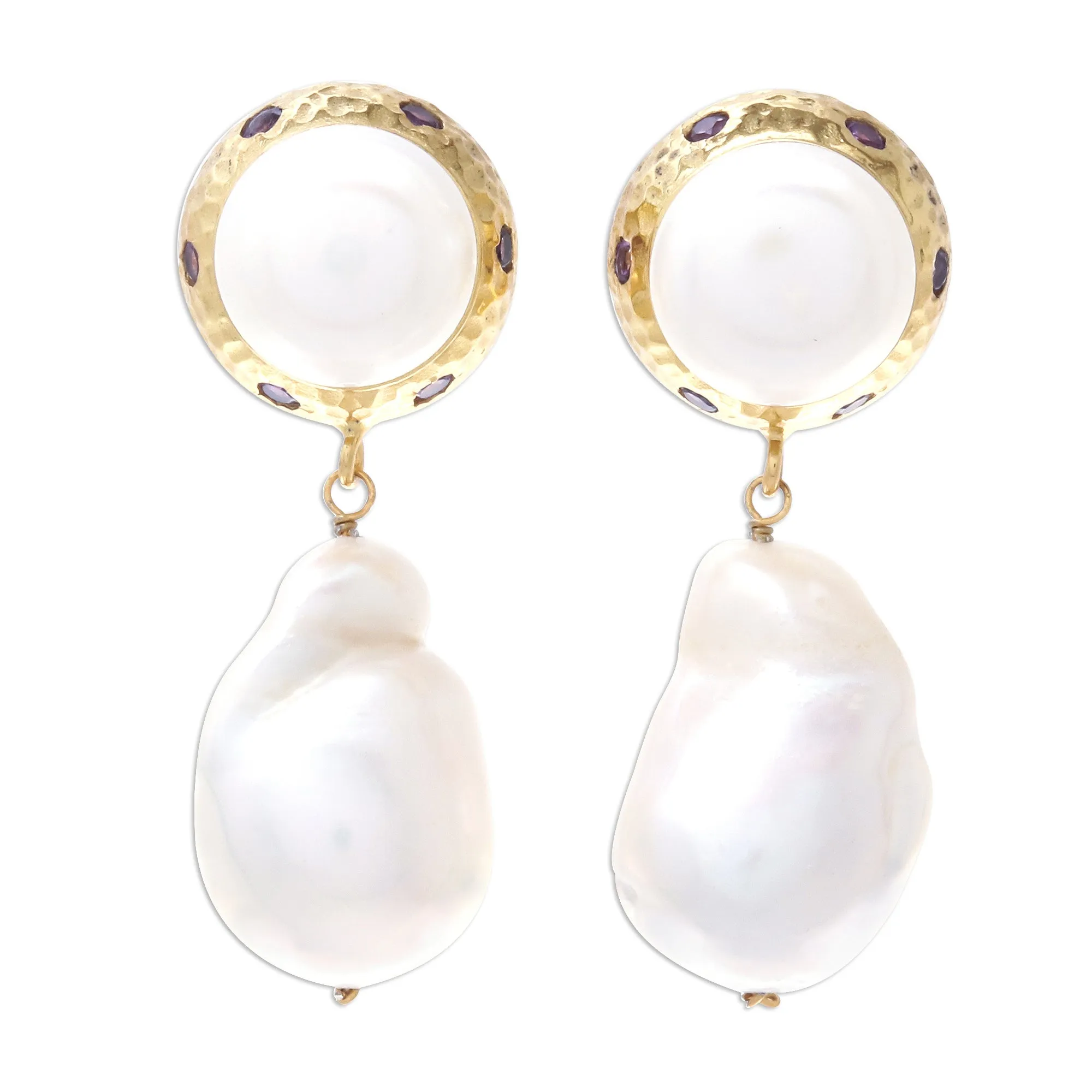 Pure Ocean Gold Plated Cultured Pearl and Amethyst Dangle Earrings