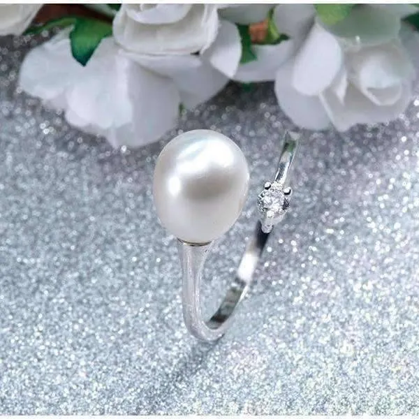 Pure White Genuine Freshwater Pearl & CZ Adjustable Bypass Ring