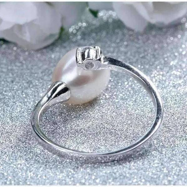 Pure White Genuine Freshwater Pearl & CZ Adjustable Bypass Ring