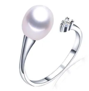 Pure White Genuine Freshwater Pearl & CZ Adjustable Bypass Ring