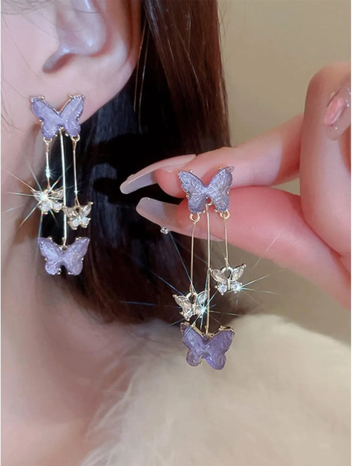 Purple Butterfly Tassel Style Zircon Earrings for Women Crystal Rhinestone Drop Earrings Long Butterfly Dangle Earrings Wedding Jewelry for Women