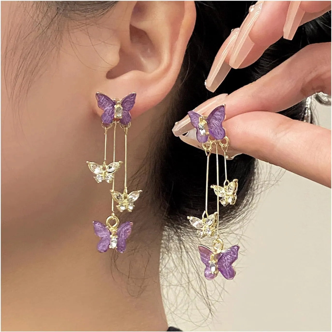 Purple Butterfly Tassel Style Zircon Earrings for Women Crystal Rhinestone Drop Earrings Long Butterfly Dangle Earrings Wedding Jewelry for Women