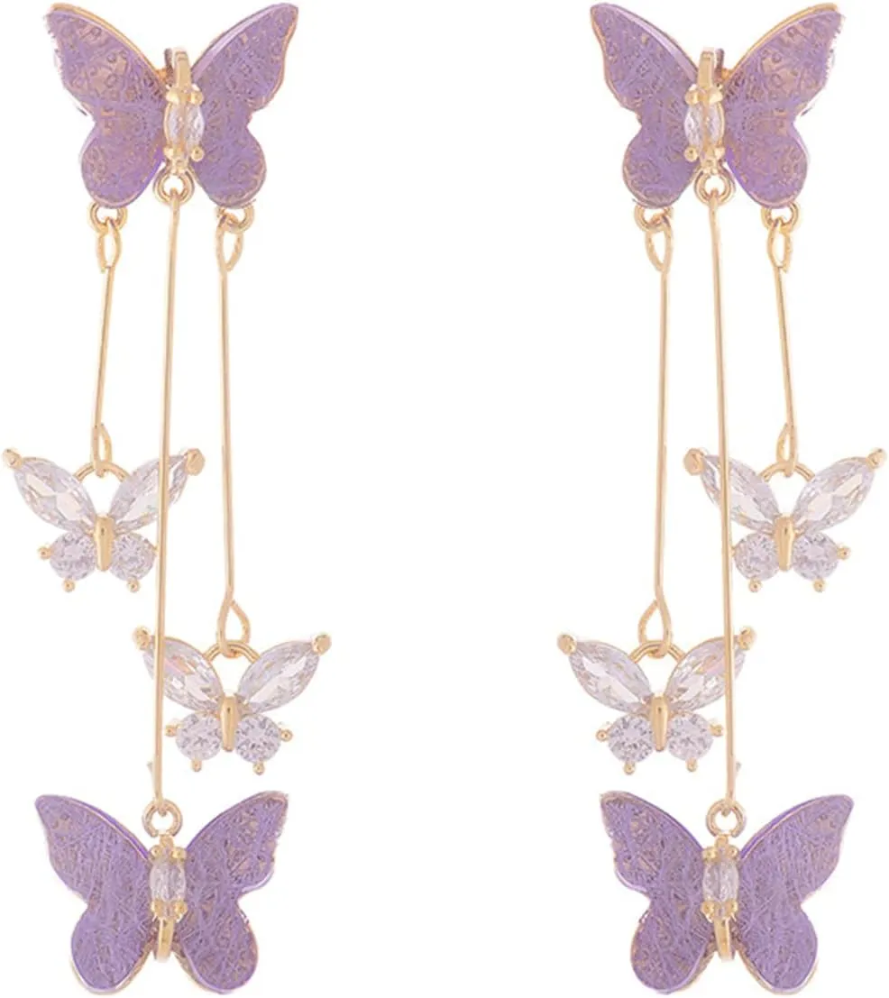 Purple Butterfly Tassel Style Zircon Earrings for Women Crystal Rhinestone Drop Earrings Long Butterfly Dangle Earrings Wedding Jewelry for Women