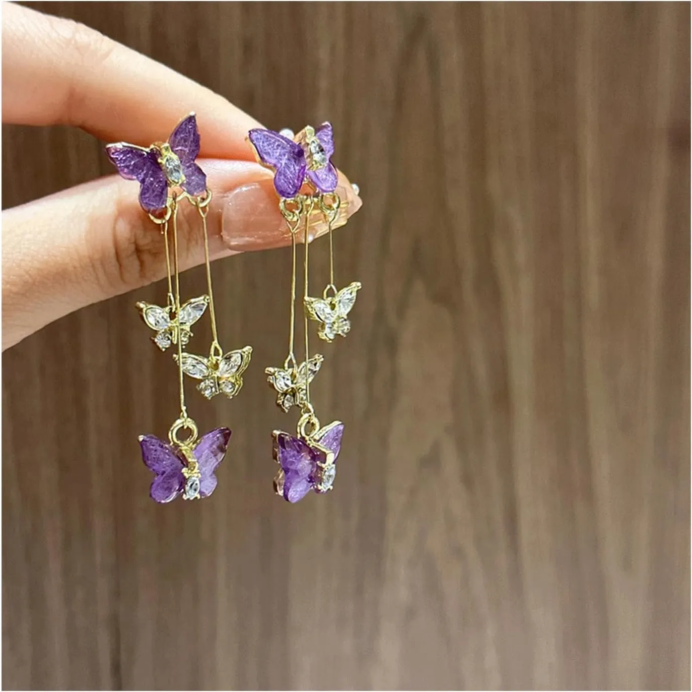 Purple Butterfly Tassel Style Zircon Earrings for Women Crystal Rhinestone Drop Earrings Long Butterfly Dangle Earrings Wedding Jewelry for Women