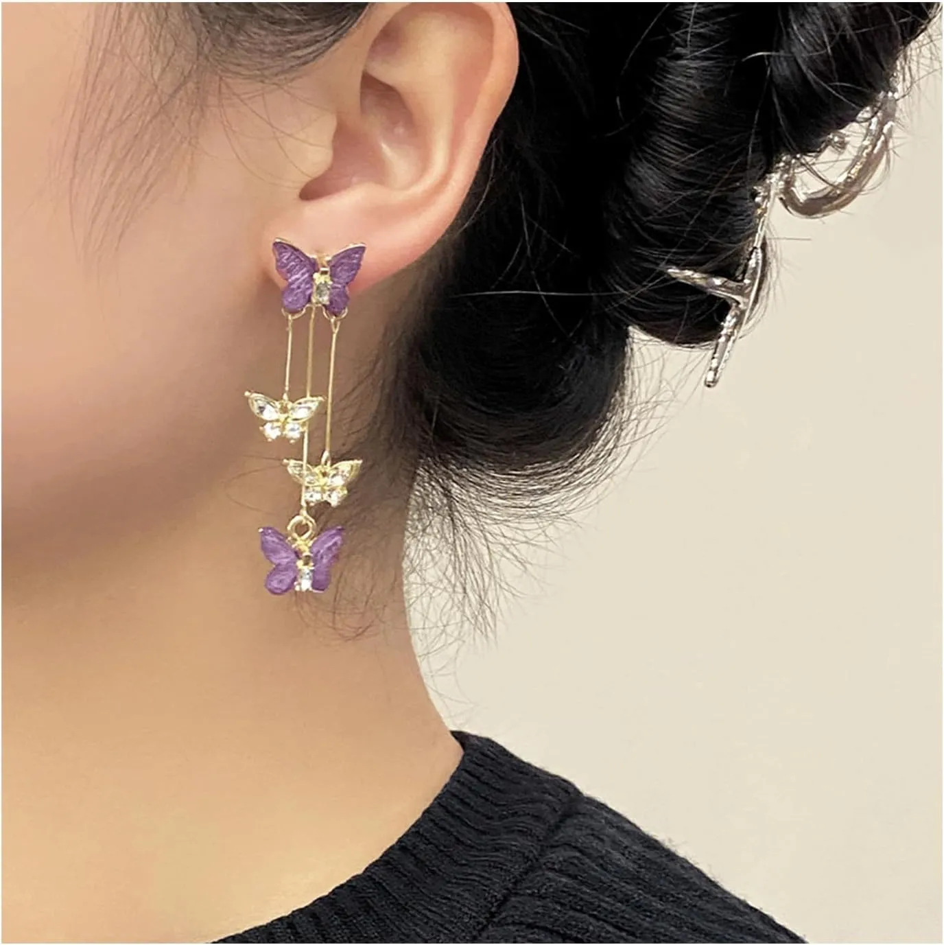 Purple Butterfly Tassel Style Zircon Earrings for Women Crystal Rhinestone Drop Earrings Long Butterfly Dangle Earrings Wedding Jewelry for Women
