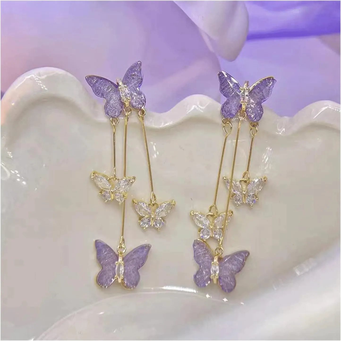 Purple Butterfly Tassel Style Zircon Earrings for Women Crystal Rhinestone Drop Earrings Long Butterfly Dangle Earrings Wedding Jewelry for Women