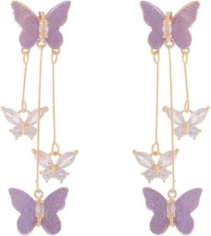 Purple Butterfly Tassel Style Zircon Earrings for Women Crystal Rhinestone Drop Earrings Long Butterfly Dangle Earrings Wedding Jewelry for Women