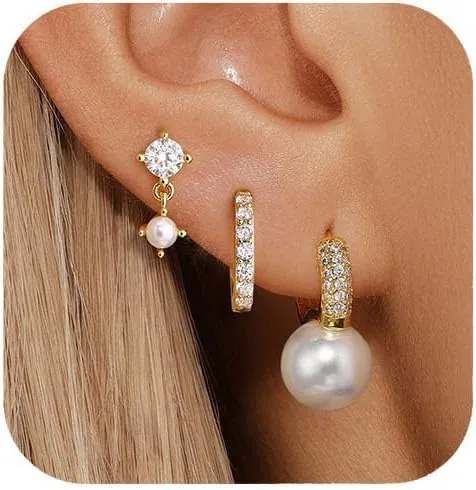 QUINBY Pearl Earring Set for Women, Dainty Hypoallergenic 14K Gold Plated Pearl Drop Earrings, Trendy Hoop Dangle Gold Earrings Stack for Sensitive Ears