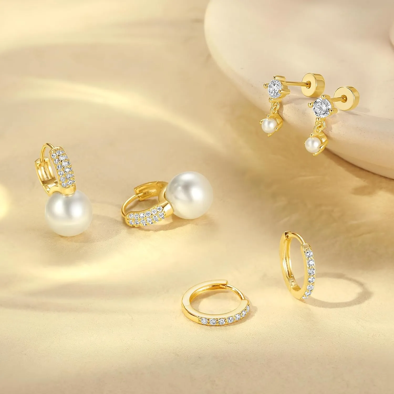 QUINBY Pearl Earring Set for Women, Dainty Hypoallergenic 14K Gold Plated Pearl Drop Earrings, Trendy Hoop Dangle Gold Earrings Stack for Sensitive Ears