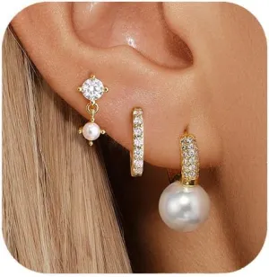 QUINBY Pearl Earring Set for Women, Dainty Hypoallergenic 14K Gold Plated Pearl Drop Earrings, Trendy Hoop Dangle Gold Earrings Stack for Sensitive Ears