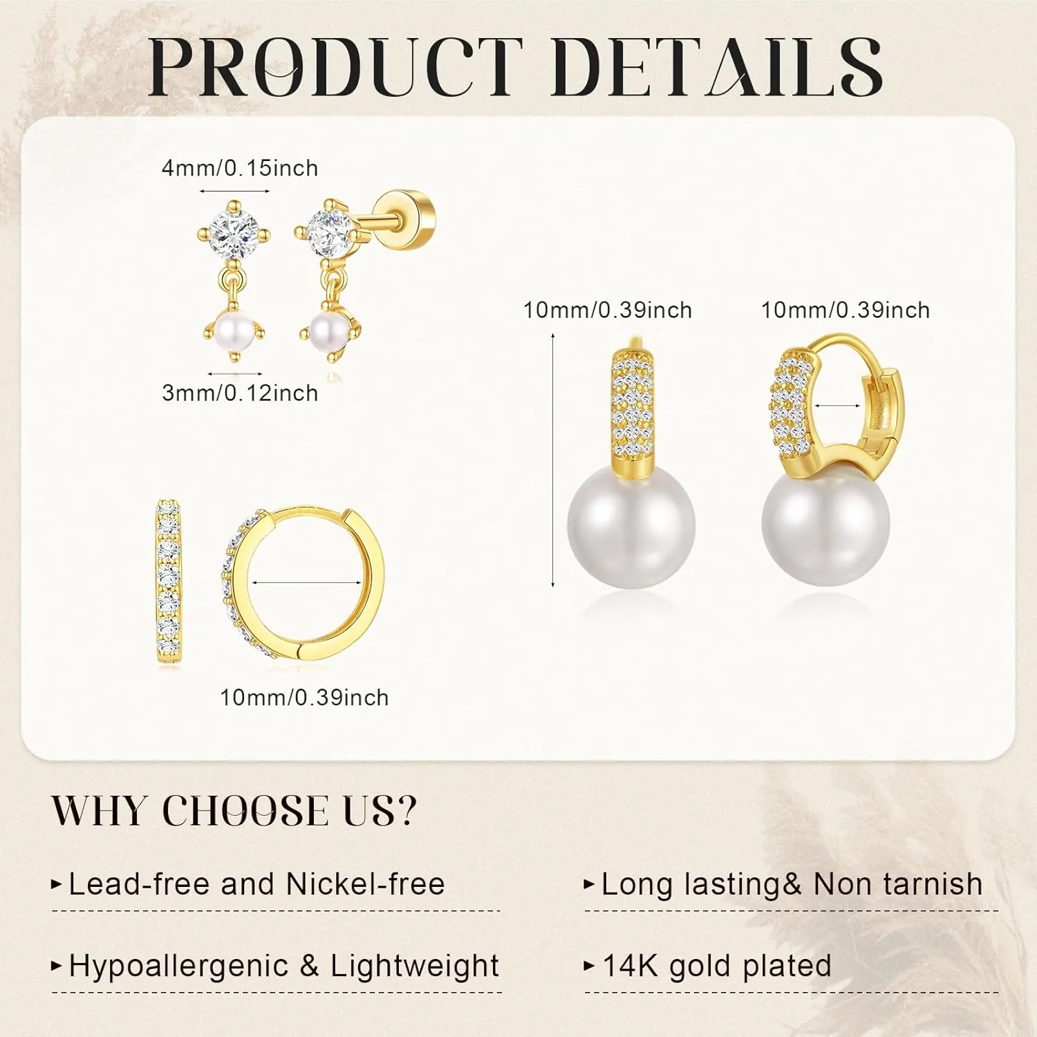 QUINBY Pearl Earring Set for Women, Dainty Hypoallergenic 14K Gold Plated Pearl Drop Earrings, Trendy Hoop Dangle Gold Earrings Stack for Sensitive Ears