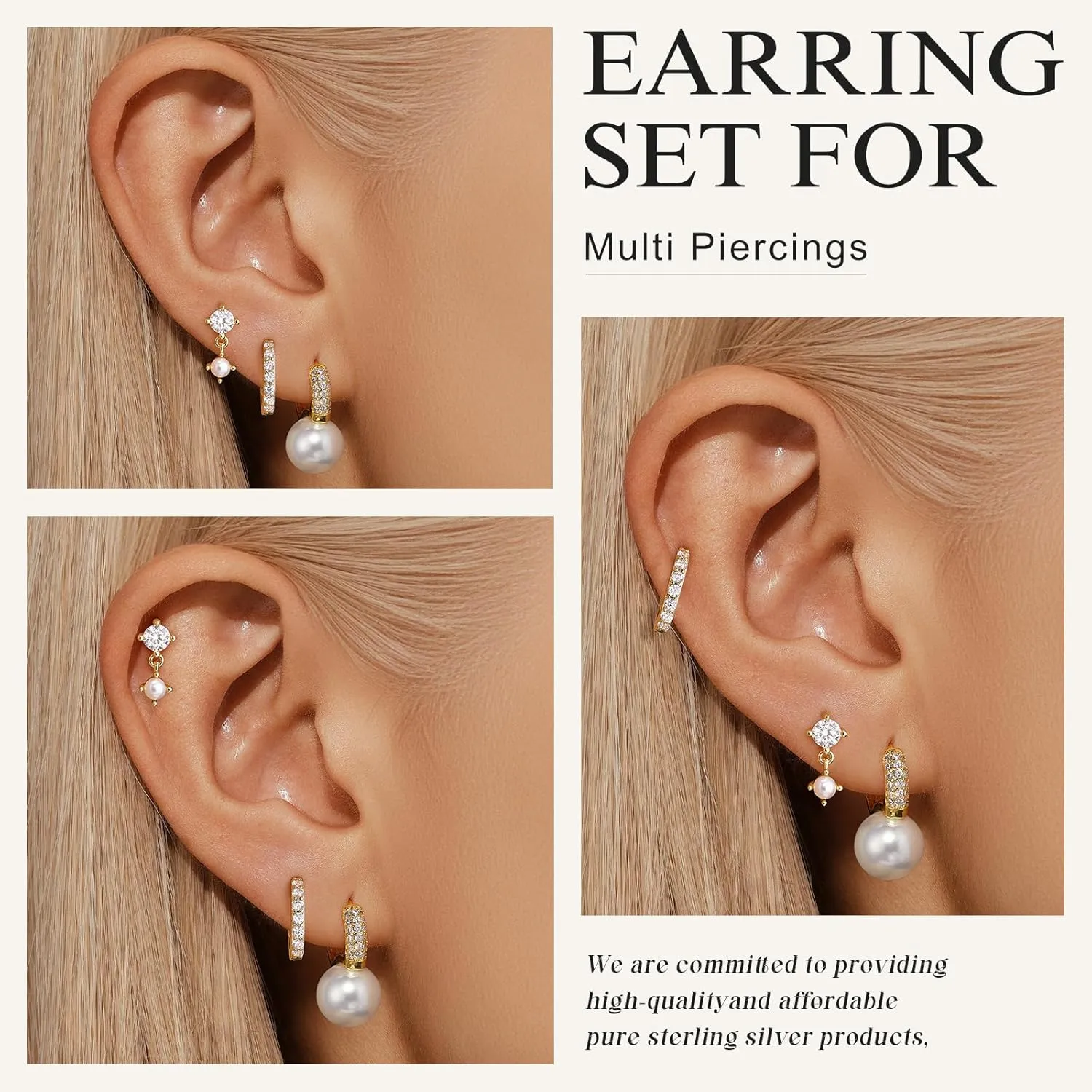 QUINBY Pearl Earring Set for Women, Dainty Hypoallergenic 14K Gold Plated Pearl Drop Earrings, Trendy Hoop Dangle Gold Earrings Stack for Sensitive Ears