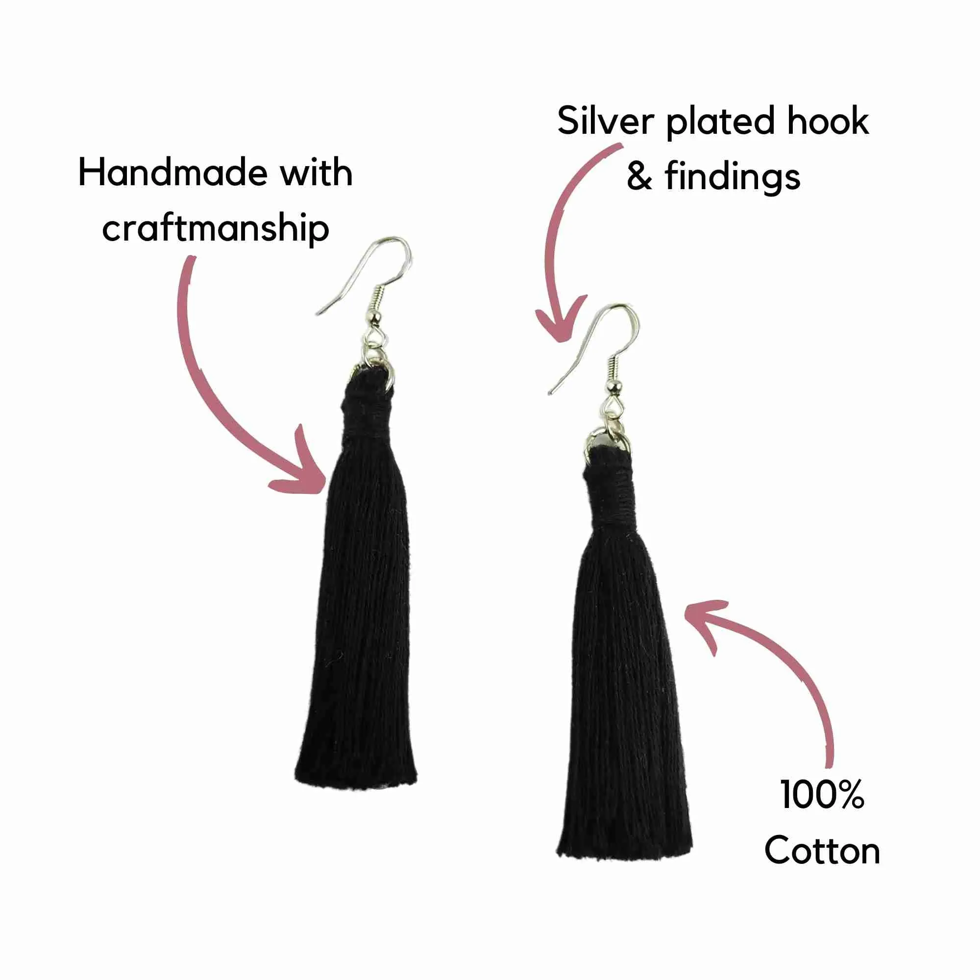 "Lia" Black Silver Plated Macrame Tassel Earrings