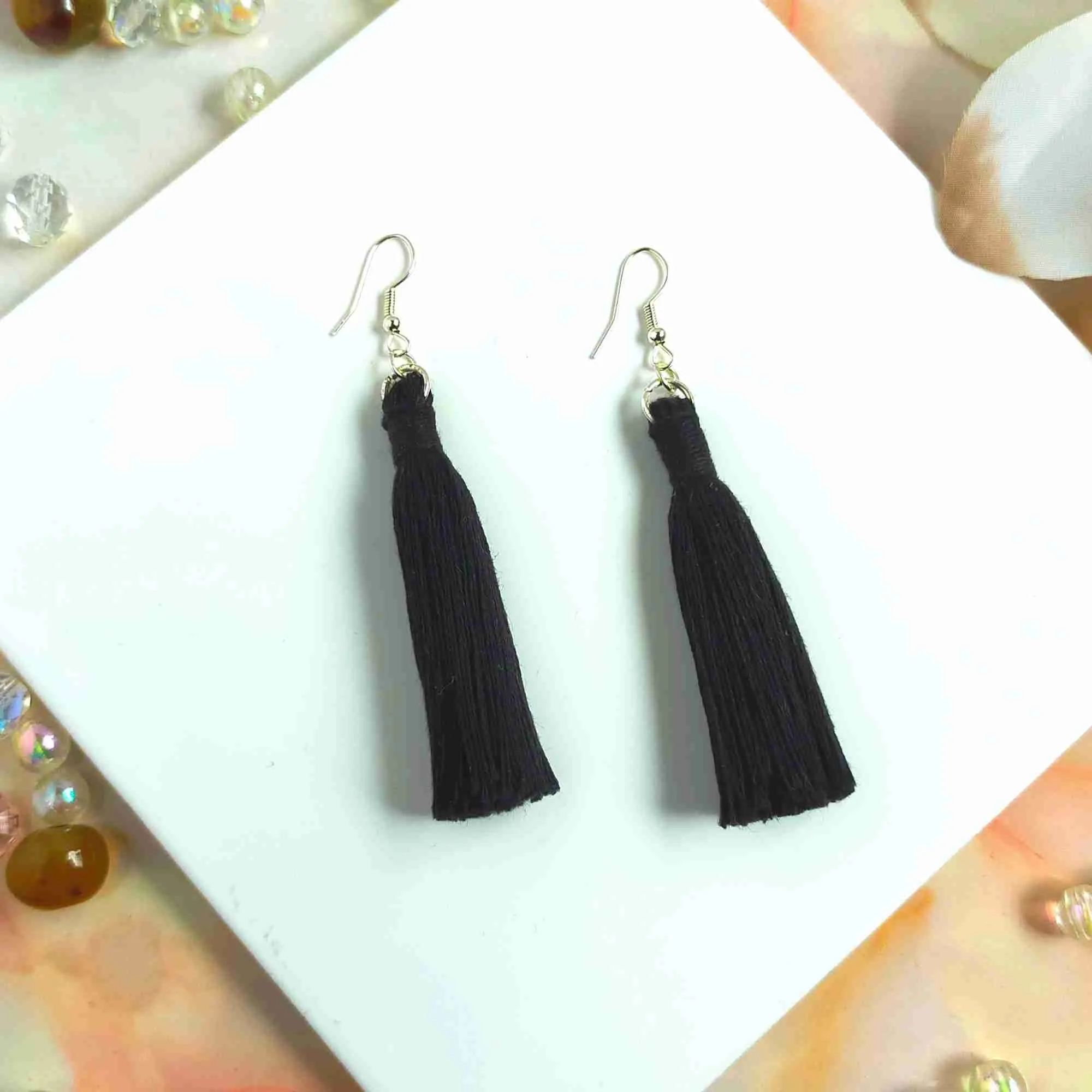 "Lia" Black Silver Plated Macrame Tassel Earrings