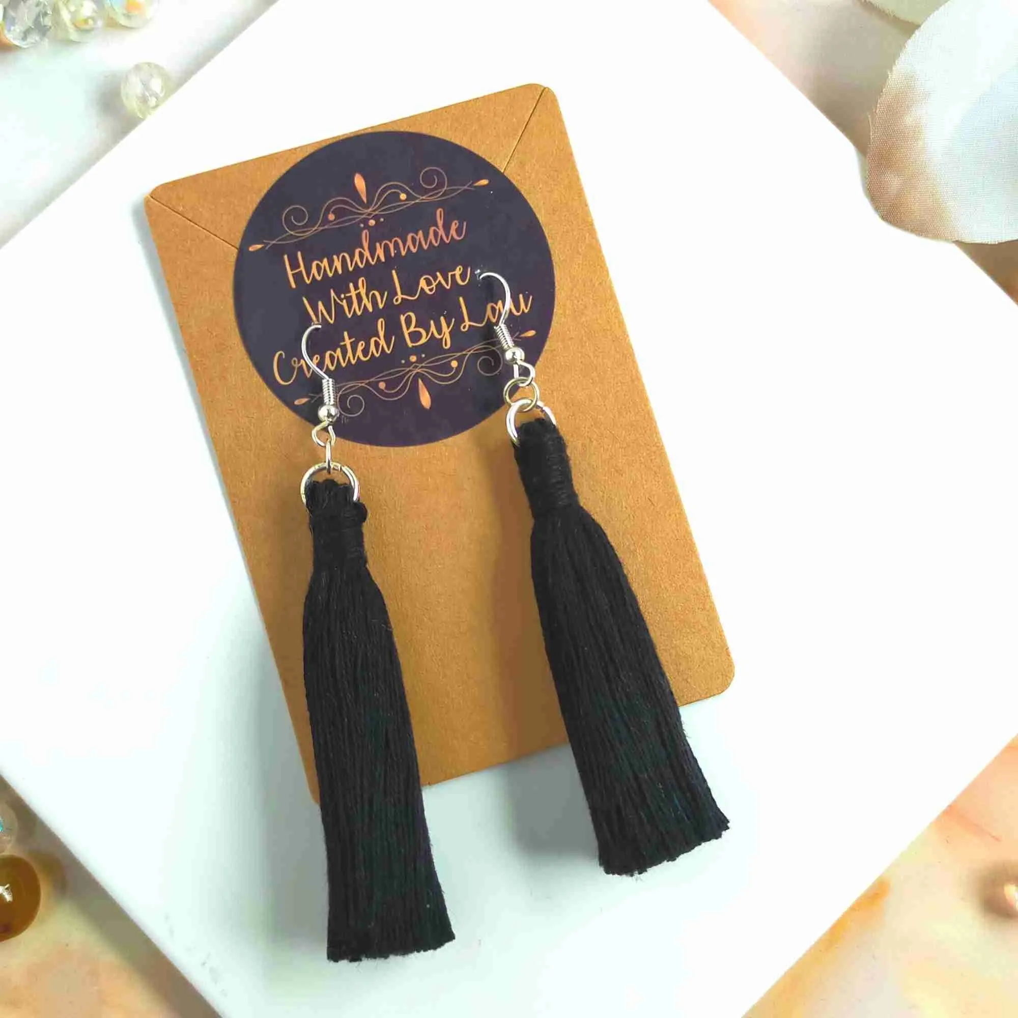 "Lia" Black Silver Plated Macrame Tassel Earrings