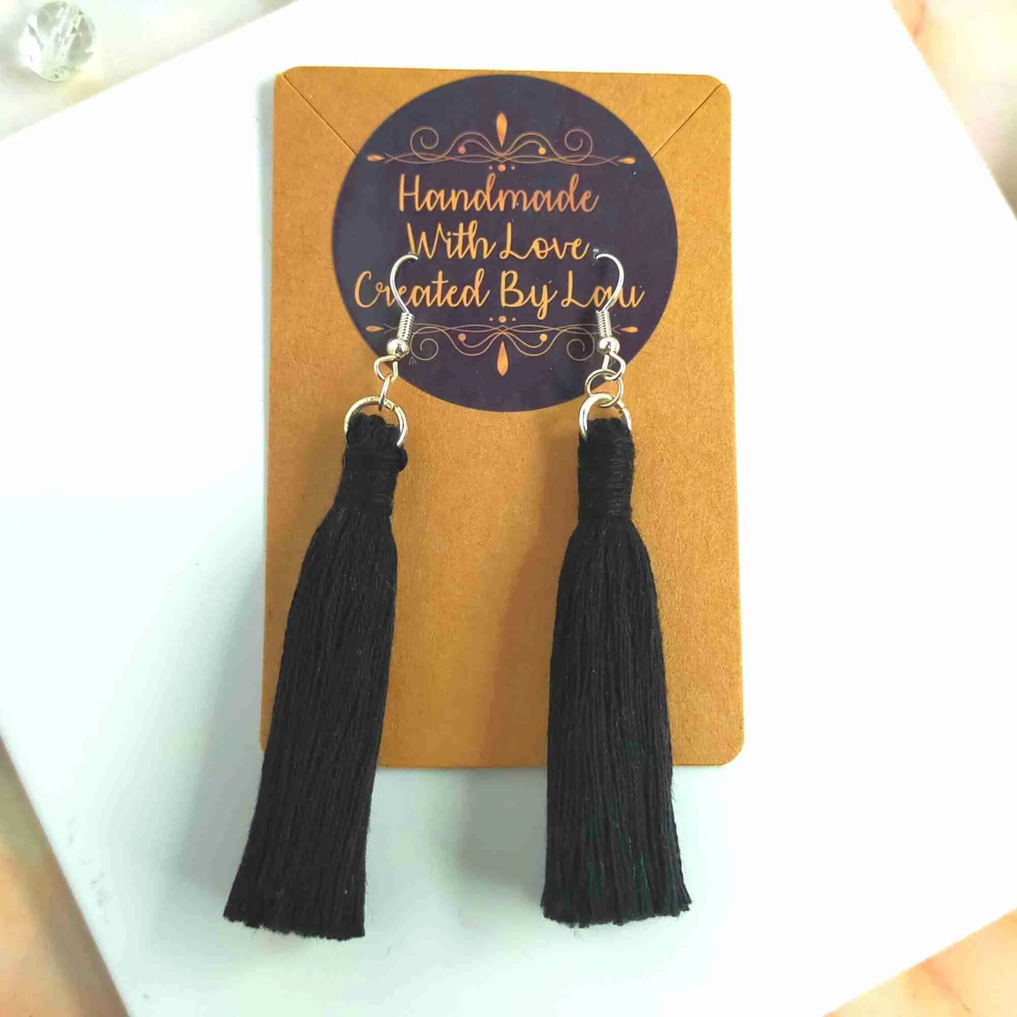 "Lia" Black Silver Plated Macrame Tassel Earrings