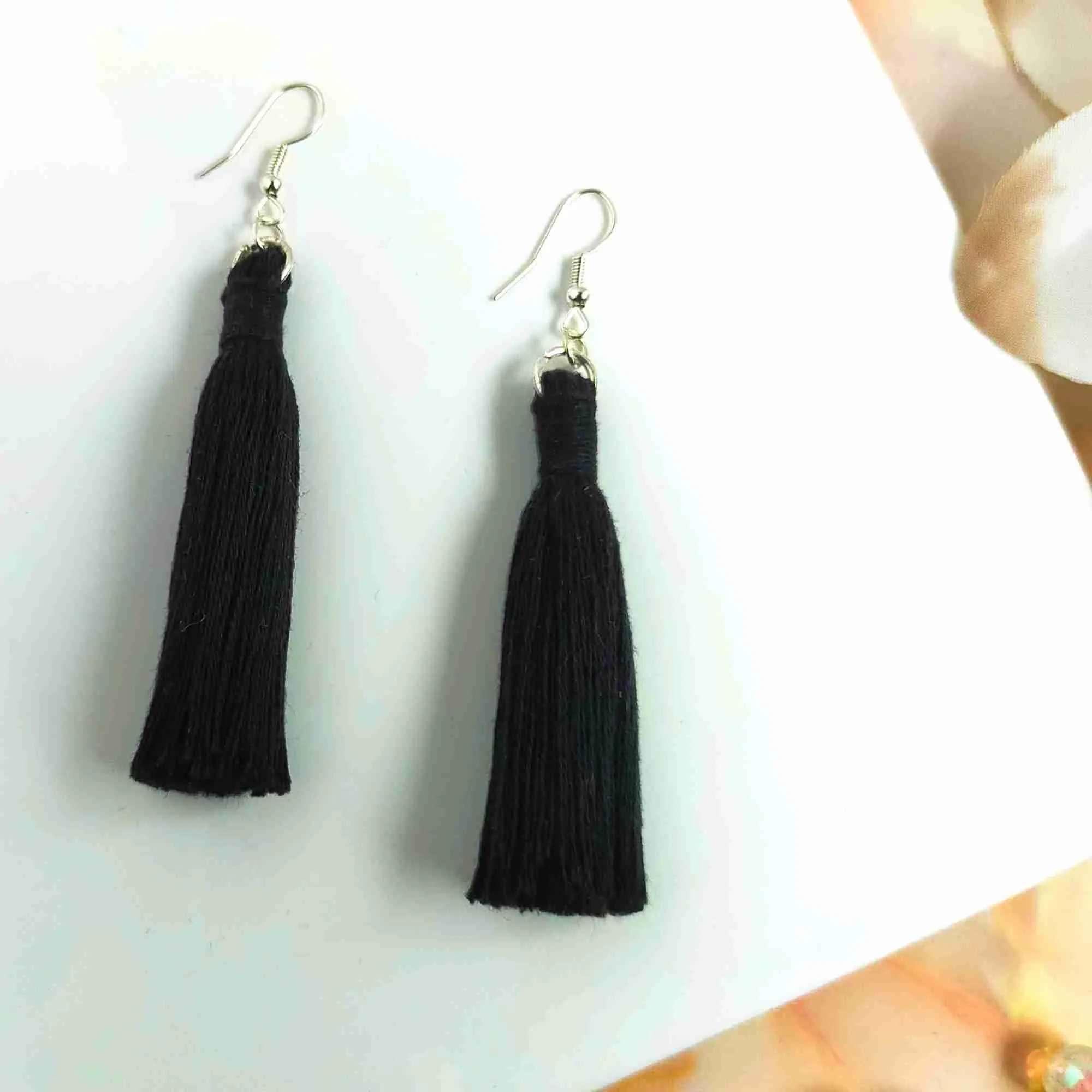 "Lia" Black Silver Plated Macrame Tassel Earrings