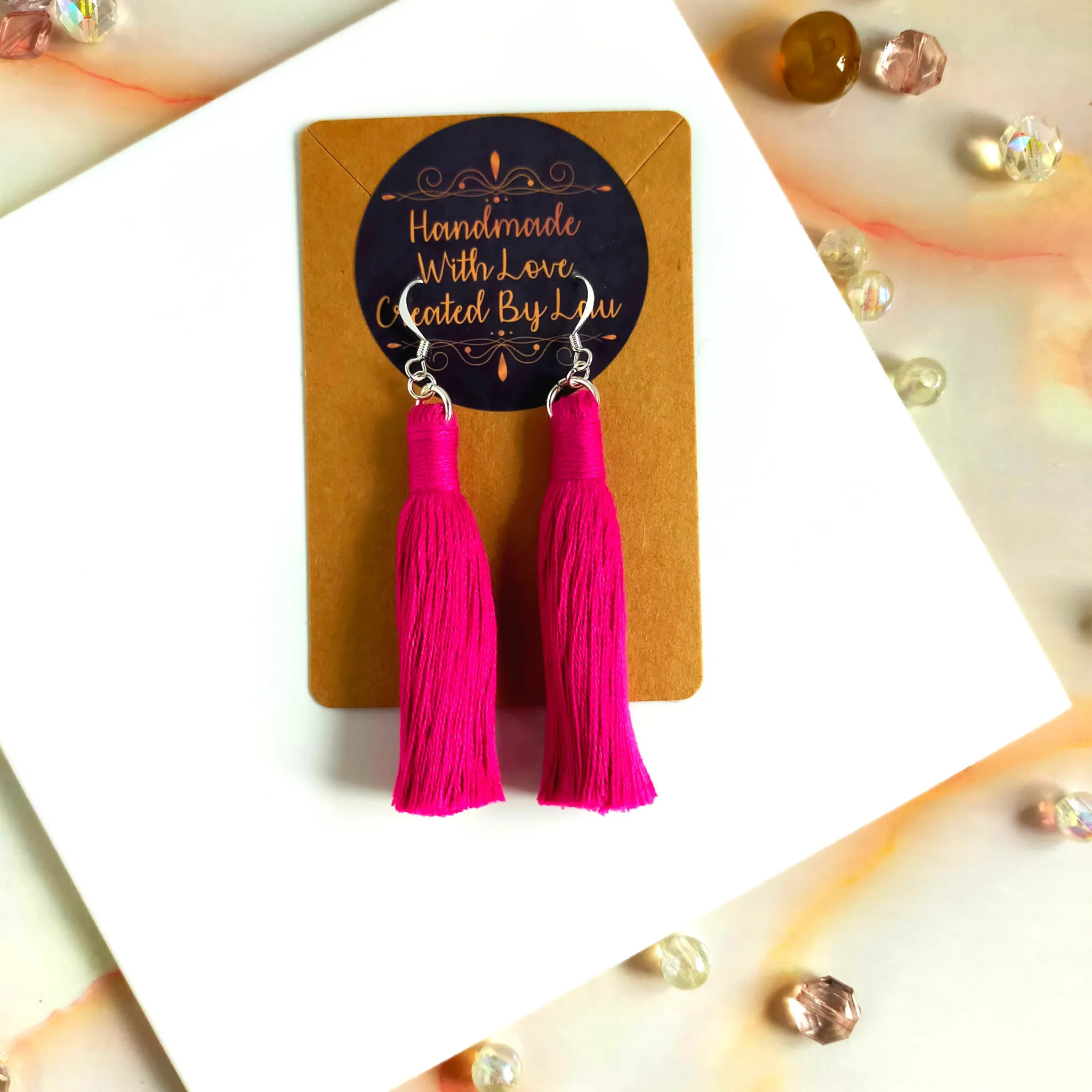 "Lia" Fuchsia Silver Plated Macramé Tassel Earrings