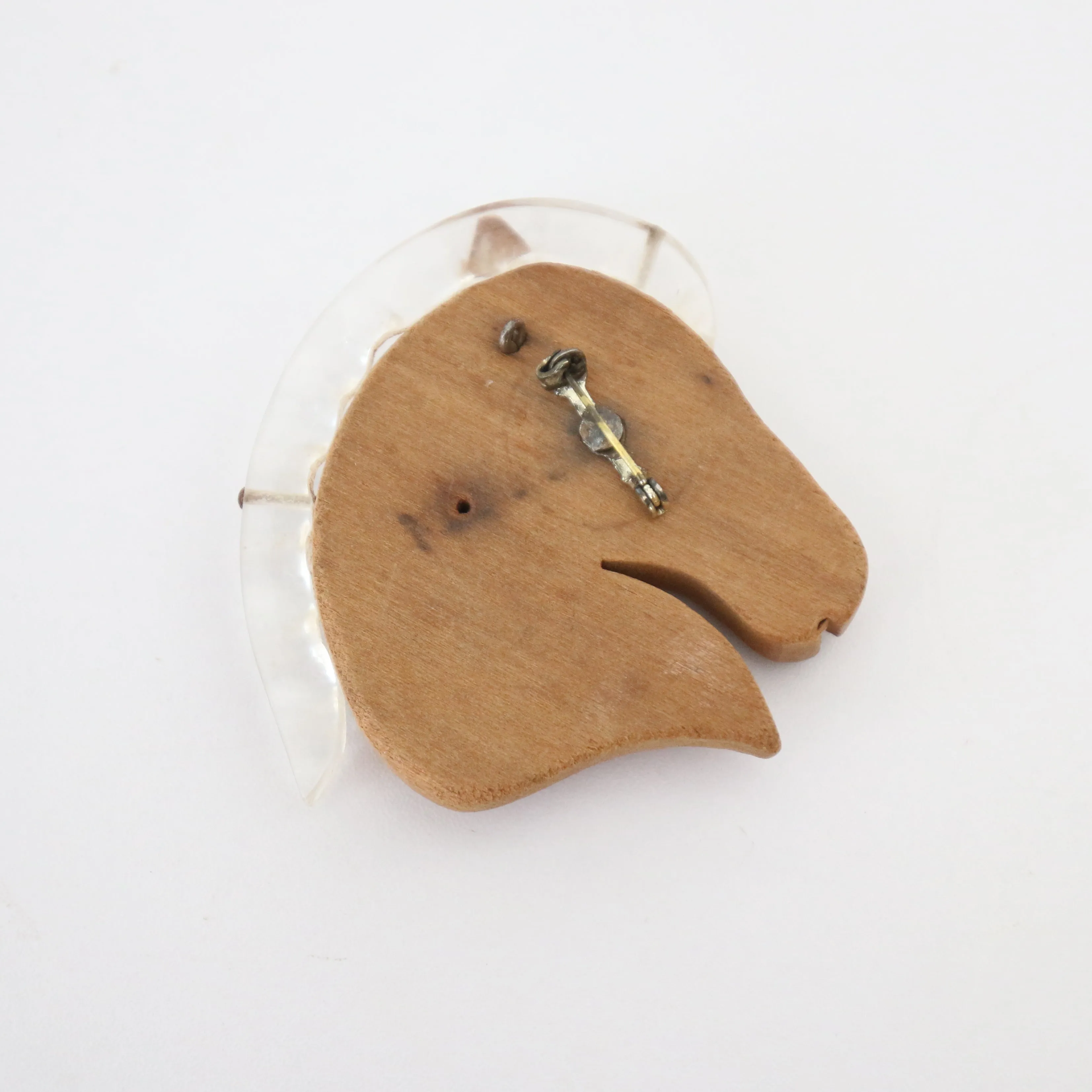 "Lucite Mane"  Vintage 1940's Carved Wood & Lucite Statement Horse Brooch