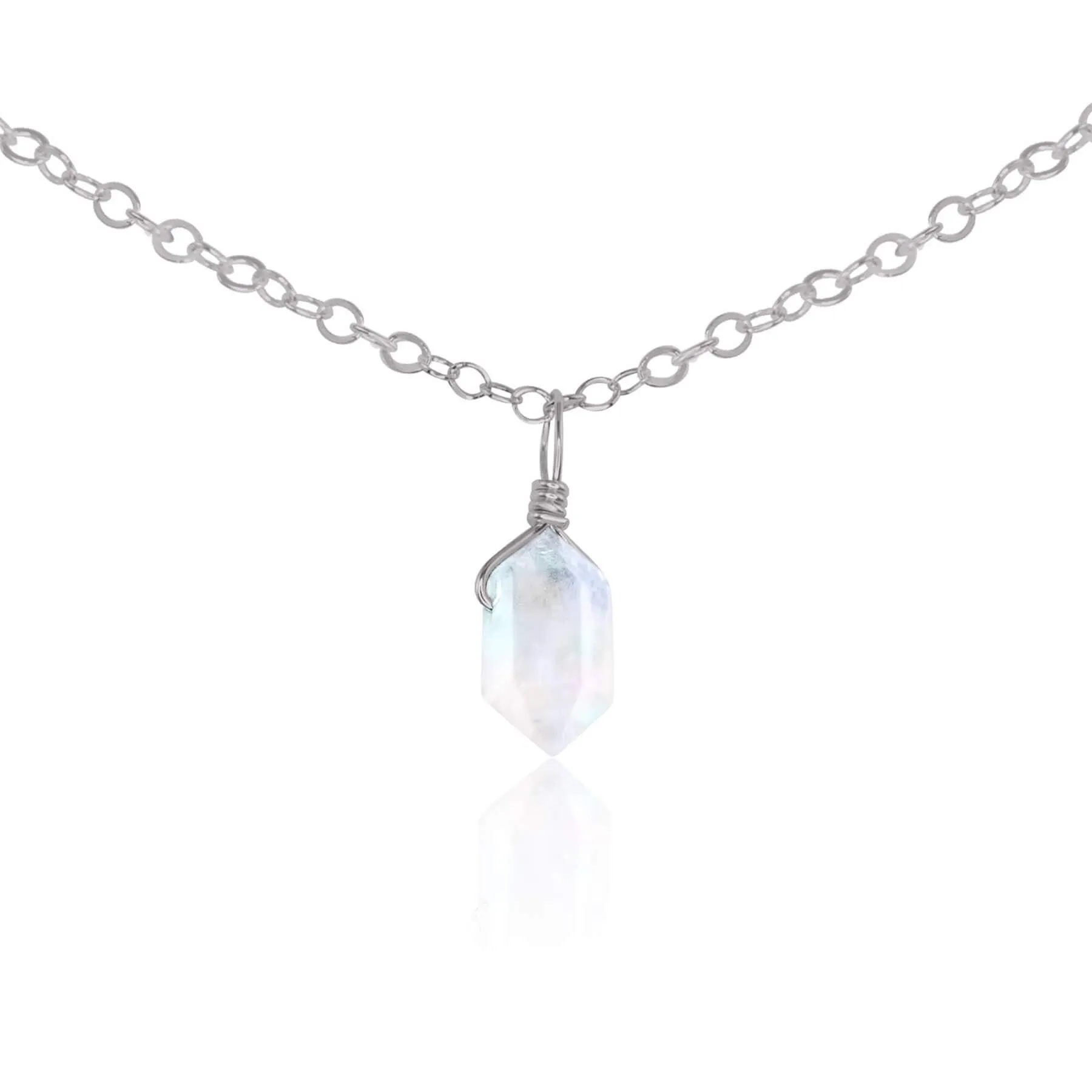 Rainbow Moonstone Mini Double Terminated Crystal Point Pendant Choker Necklace