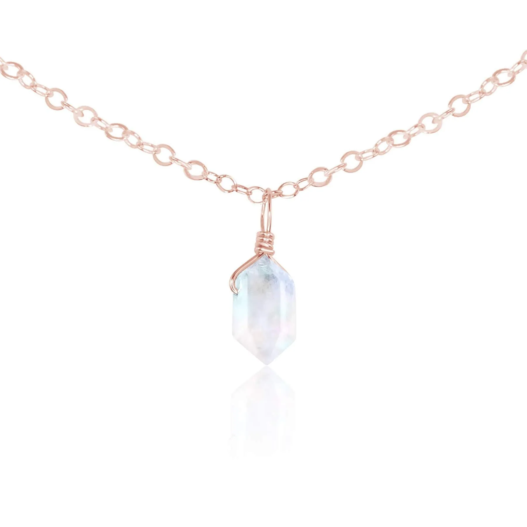 Rainbow Moonstone Mini Double Terminated Crystal Point Pendant Choker Necklace