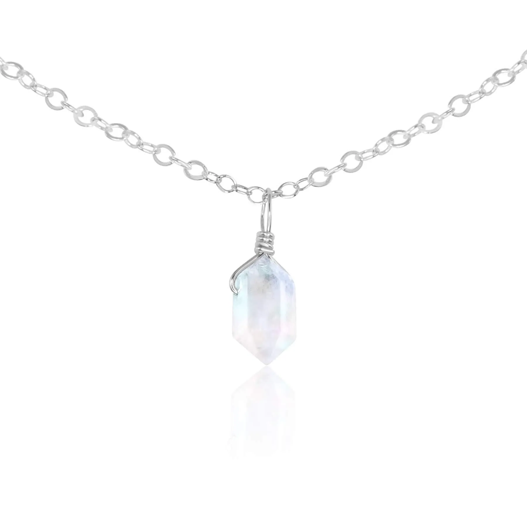 Rainbow Moonstone Mini Double Terminated Crystal Point Pendant Choker Necklace