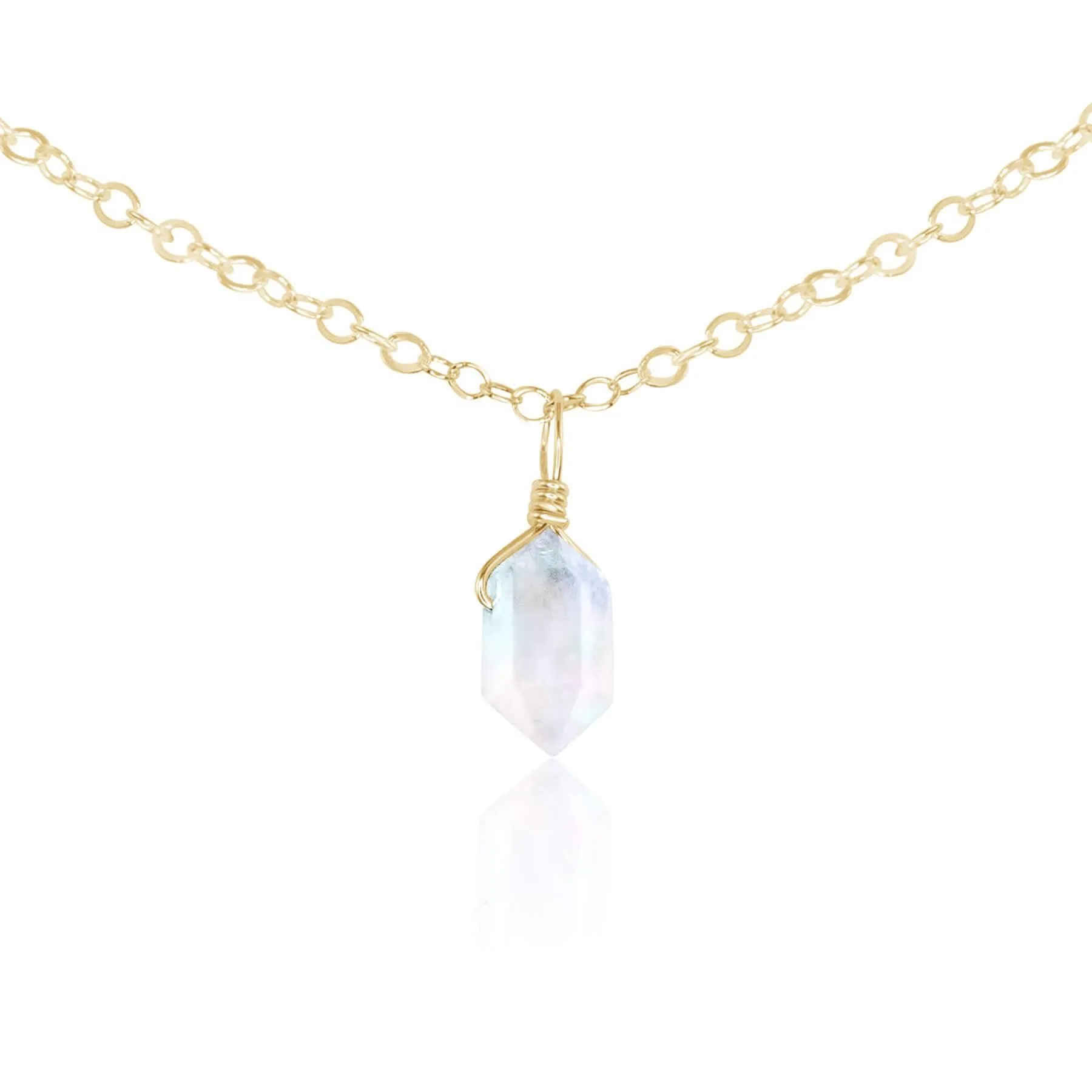 Rainbow Moonstone Mini Double Terminated Crystal Point Pendant Choker Necklace
