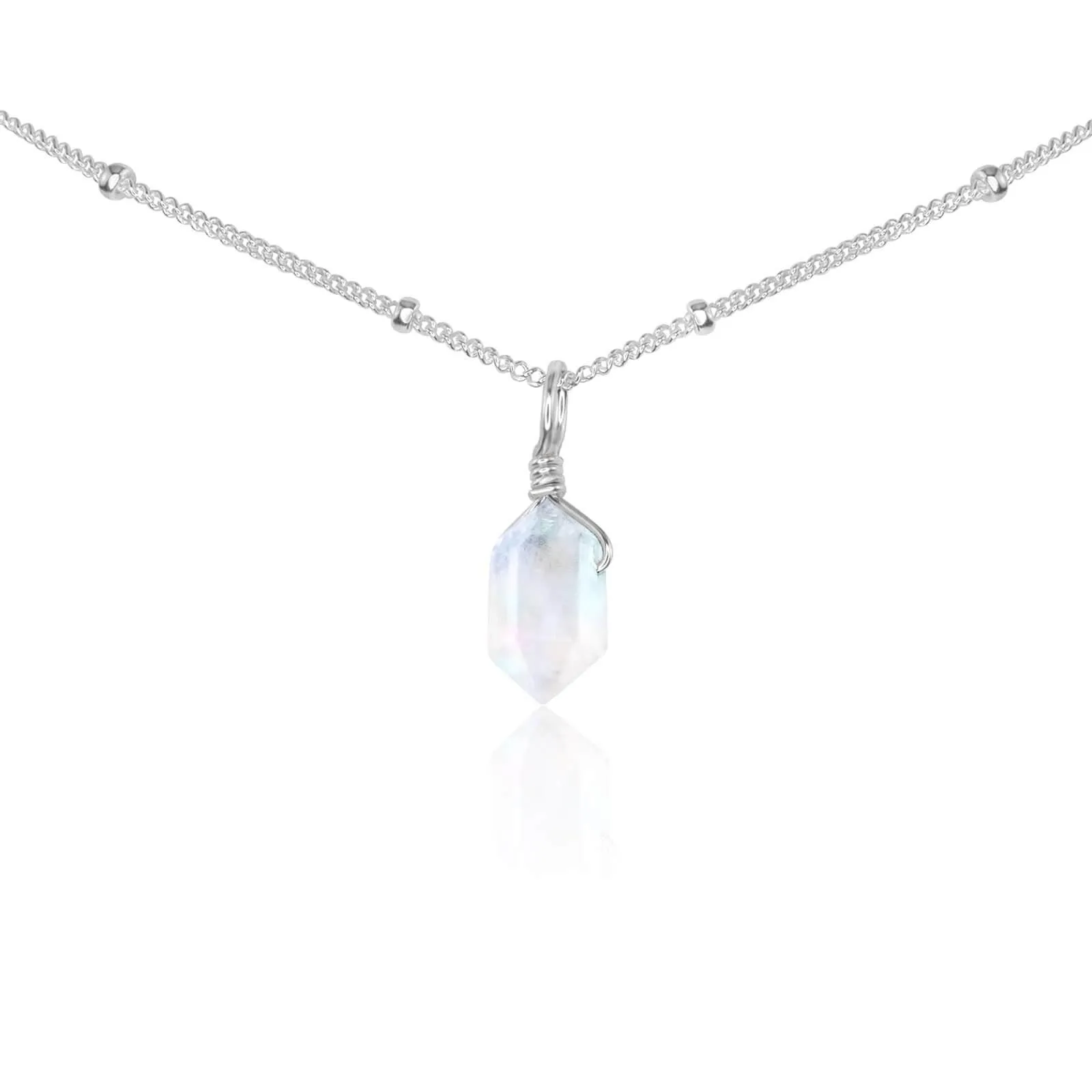 Rainbow Moonstone Mini Double Terminated Crystal Point Pendant Choker Necklace