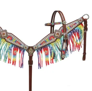 Rainbow Tie Dye Fringe Headstall Set
