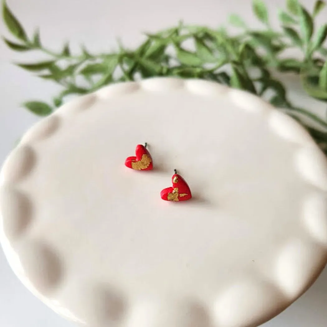 Raspberry and Gold Heart Stud Earrings