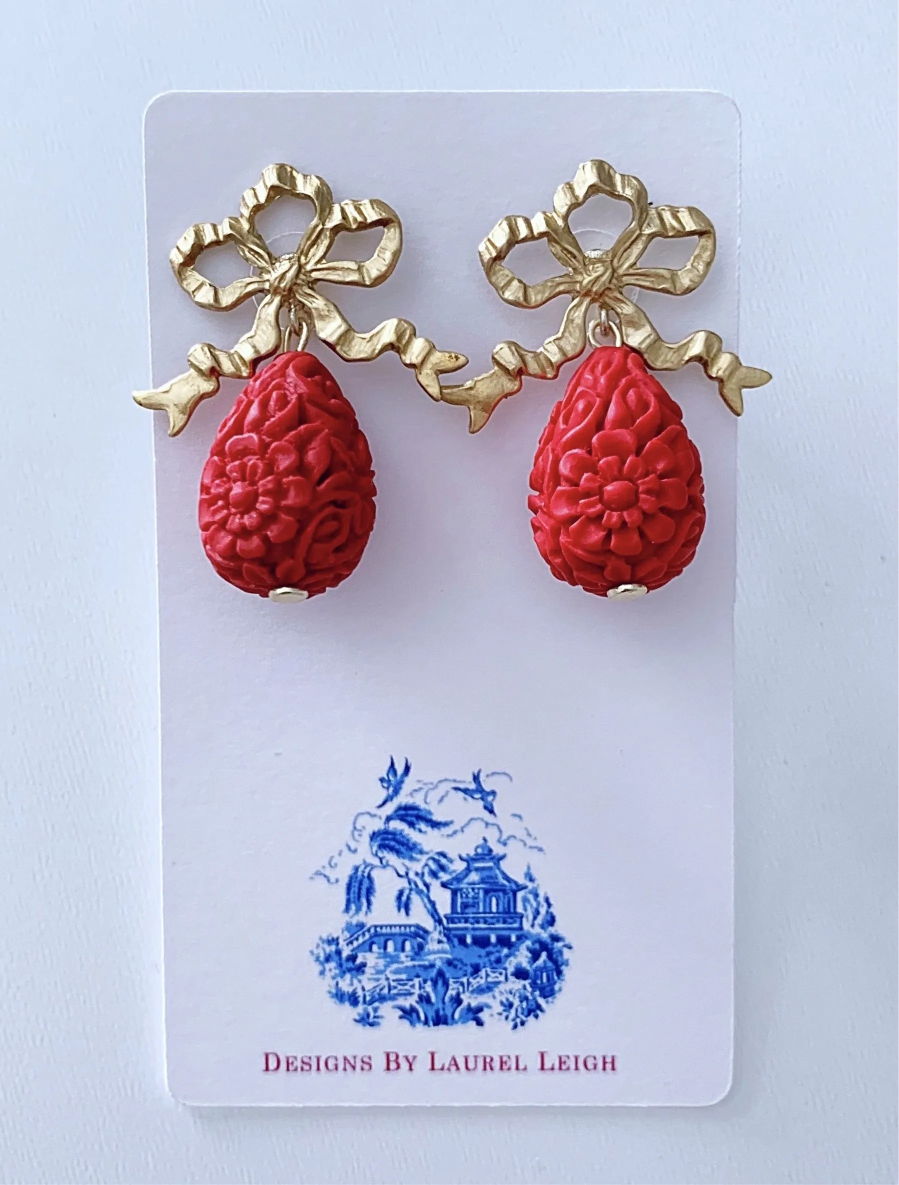 Red & Gold Bow Cinnabar Teardrop Earrings