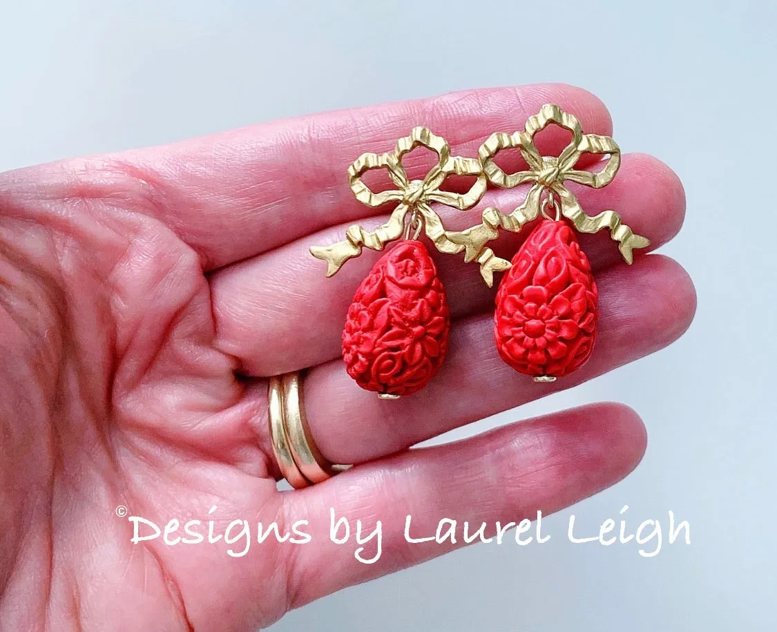 Red & Gold Bow Cinnabar Teardrop Earrings