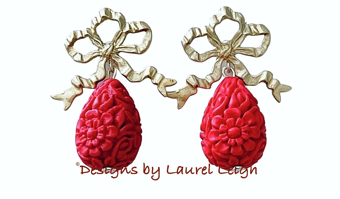 Red & Gold Bow Cinnabar Teardrop Earrings